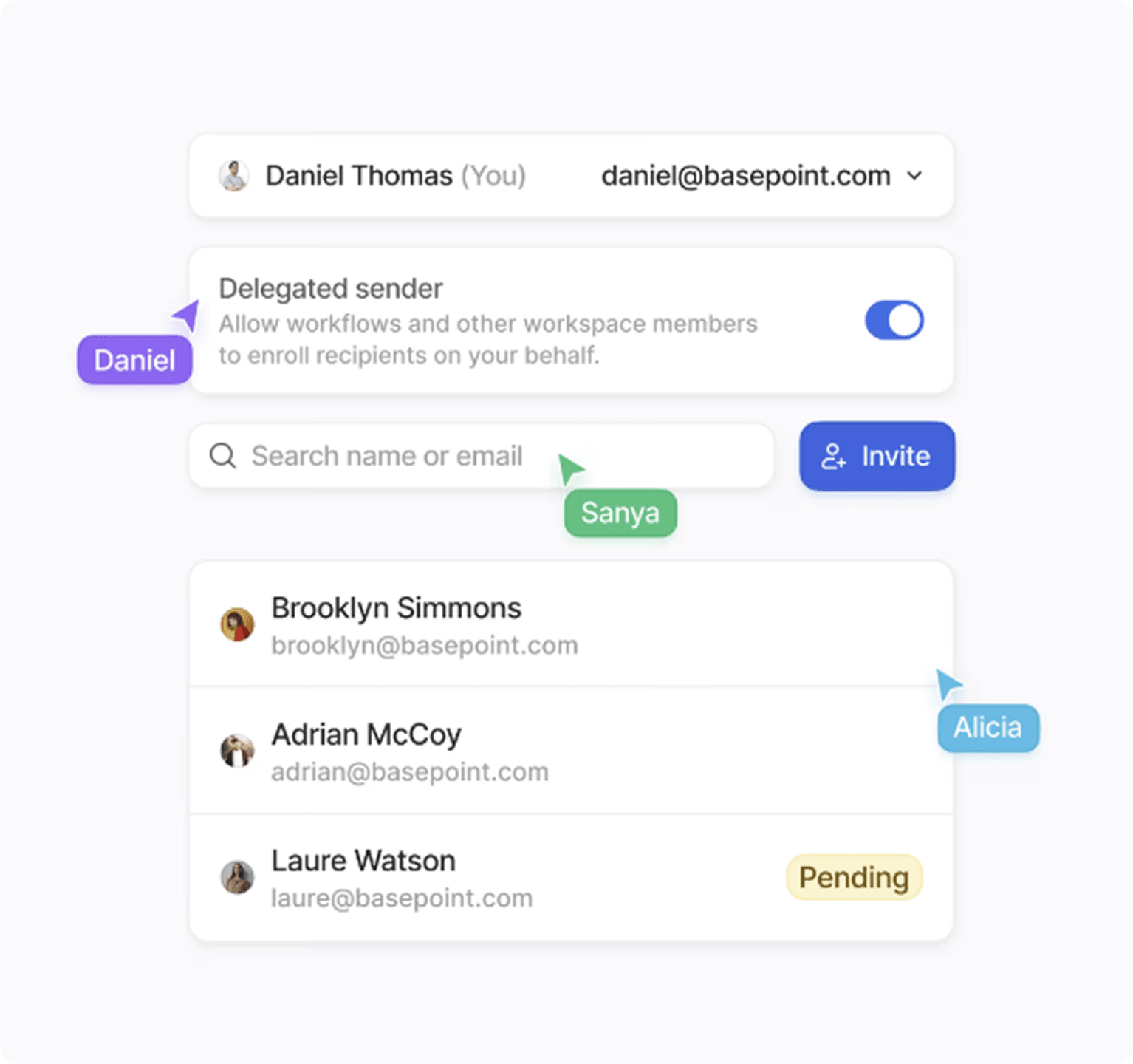 Delegated-sender invite panel with workspace members